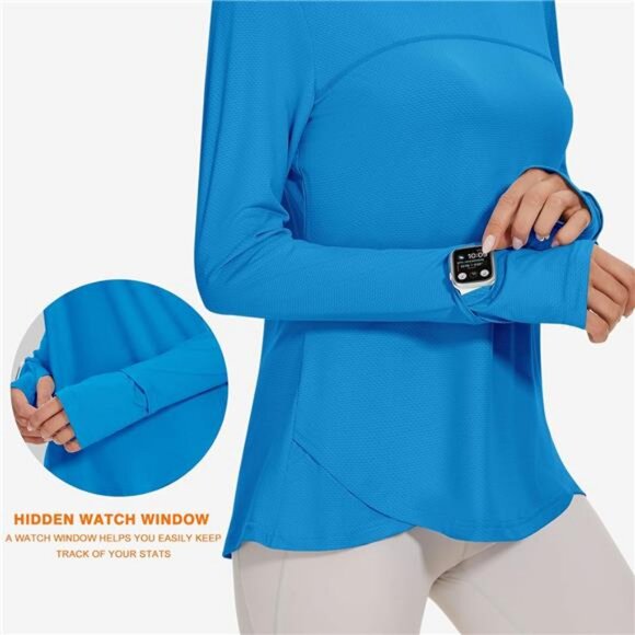 Workout Shirts Long Sleeve Running Tops with Watching Window UPF 50+ Sun Shirts - Picture 3 of 6